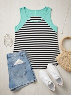 Women's Black & White Striped Tank with Turquoise Trim size large